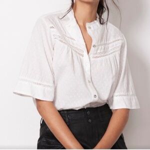 Faherty Brand Rhoda Top White Swiss Dot Corded Lace Flutter Sleeve Button Down